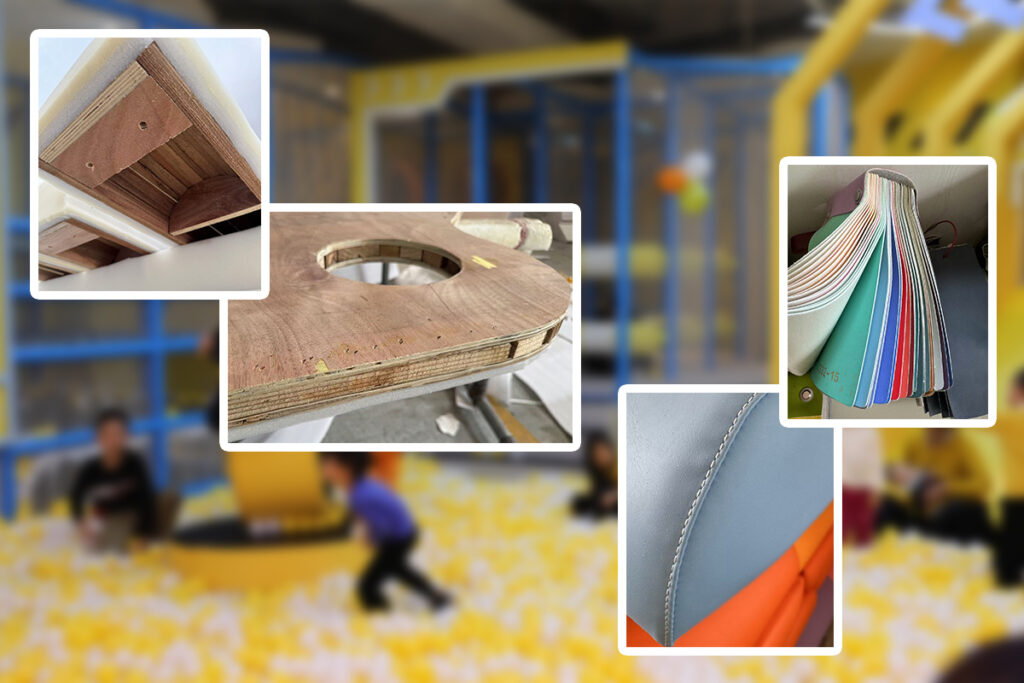 ndoor playground equipment manufacturing process details, showing plywood structure, foam padding, fabric swatches, and precise stitching for soft play safety