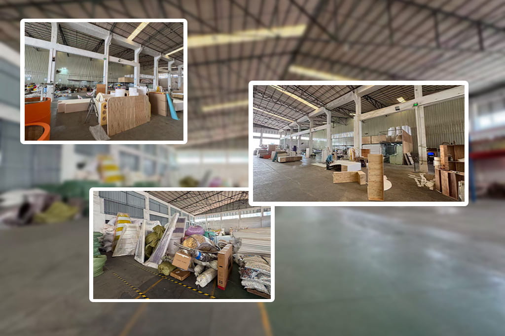 Indoor playground factory production workshop, showing raw materials, semi-finished products, and professional manufacturing facilities for commercial play equipment