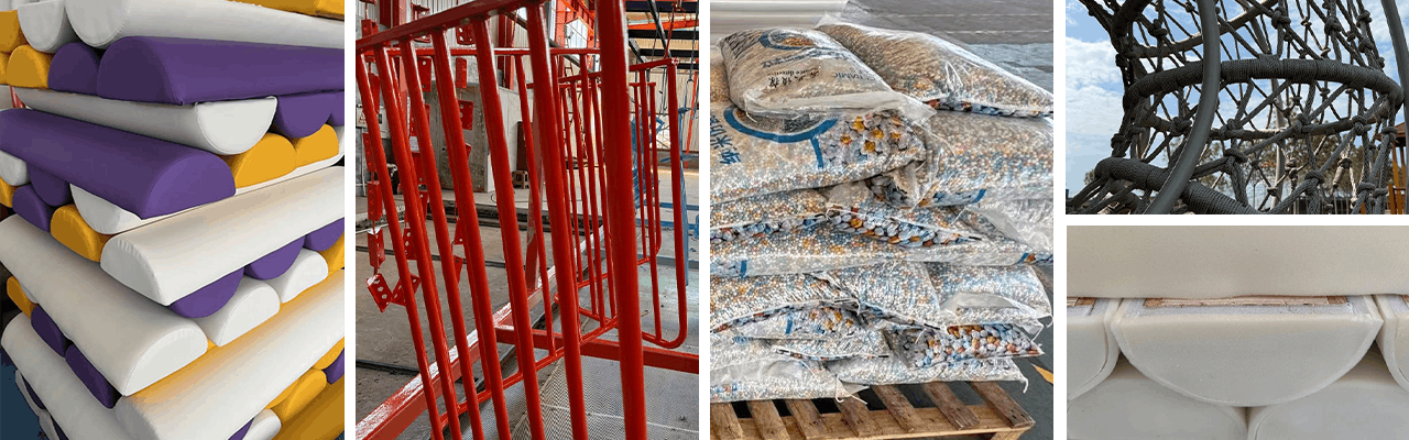 Indoor playground equipment material specifications collage, showing soft play foam pads, powder-coated metal frames, plastic ocean balls, climbing ropes, and safe stitching details for kids play structures