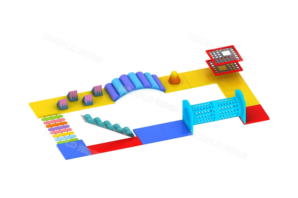 Level 2 design of the Tskaltubo playground: soft obstacle course with stepping stones, rolling cylinders, and a crawl tunnel for kids' play