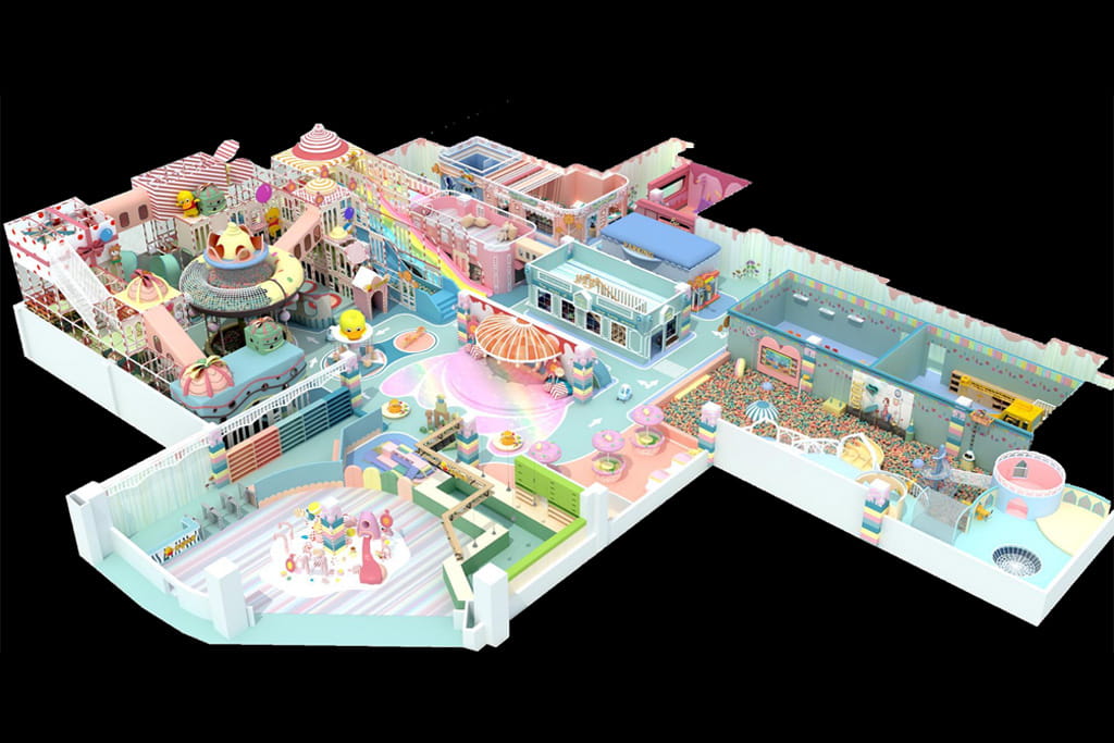 Macaron style indoor soft playground 3D design, pastel color kids play area with multi-theme zones for commercial family entertainment centers