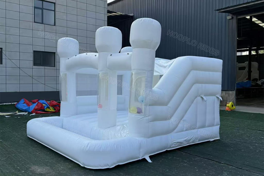 Commercial grade white inflatable bouncy castle with slide, 4.3x4.3x3m kids party bounce house, custom made for Tanzania project