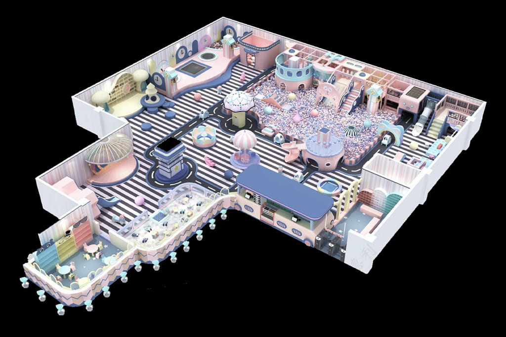 Morandi color indoor playground kids park render, low-saturation pastel soft play area with road theme and ball pit for shopping mall