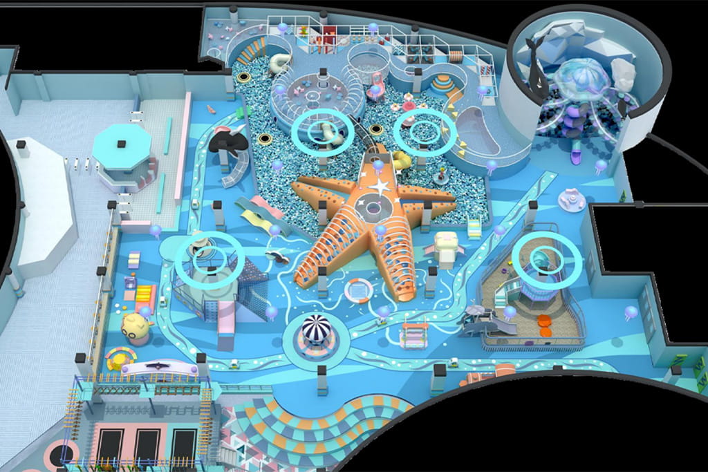 Ocean adventure theme indoor playground 3D design, underwater world soft play area with starfish, jellyfish, and sea animal elements for kids