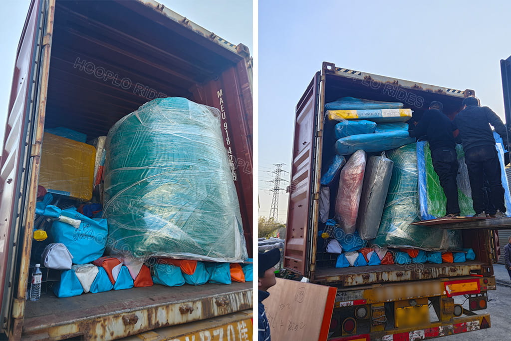 Hooplo factory loading the custom playground and bumper cars into the container for shipment to Tskaltubo, Georgia, showing securely packed amusement equipment