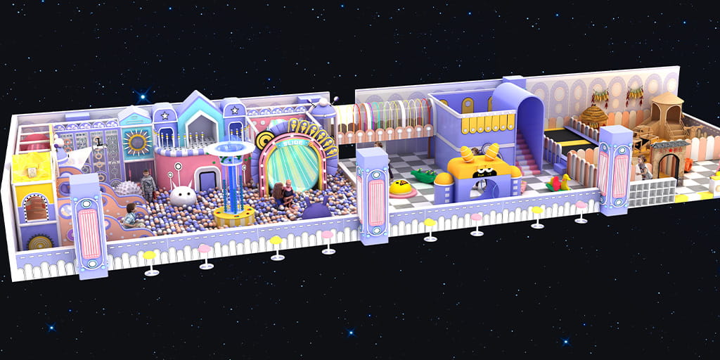 Pastel fairy tale themed indoor playground 3D render, purple and pink soft play area with castle slides, ball pit, and role-play zones