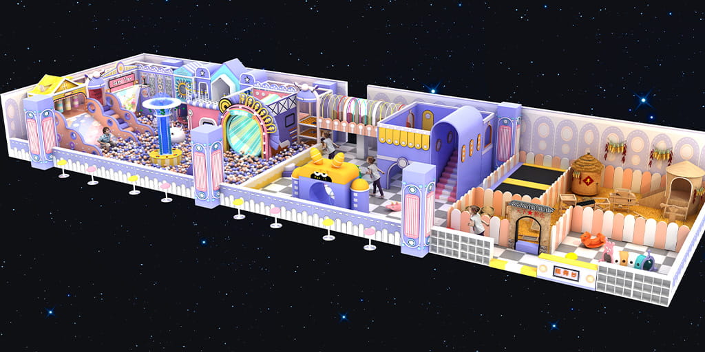 Dreamy pastel castle style kids playground design, commercial family entertainment center with ball pool, trampoline, and interactive play areas