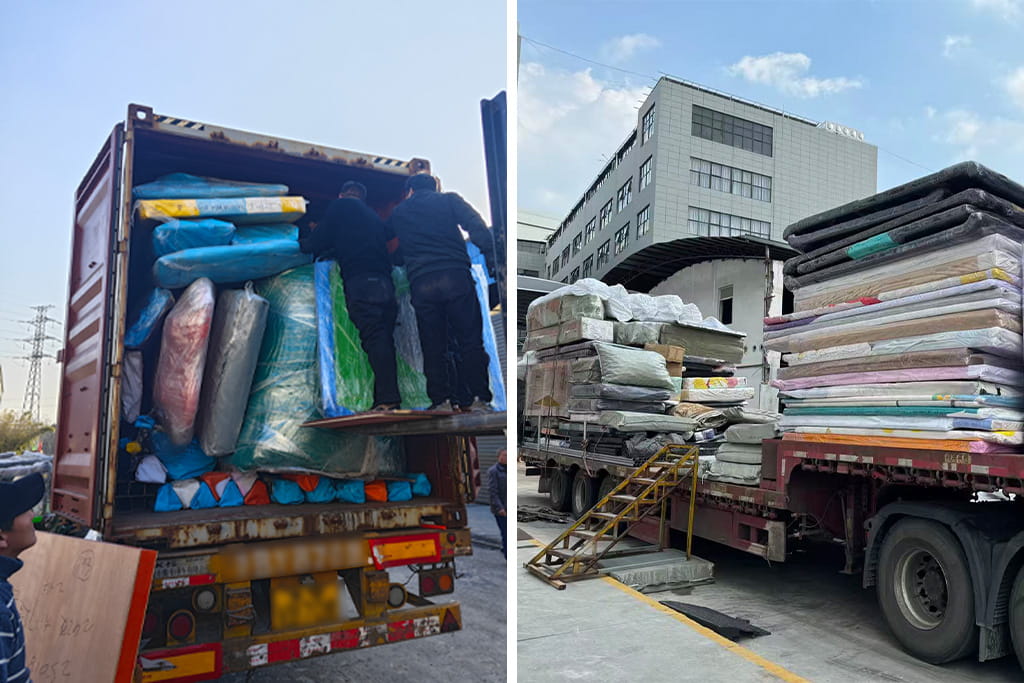 Workers securely packing and loading wrapped indoor playground components into shipping containers, showing optimized loading process for safe international delivery