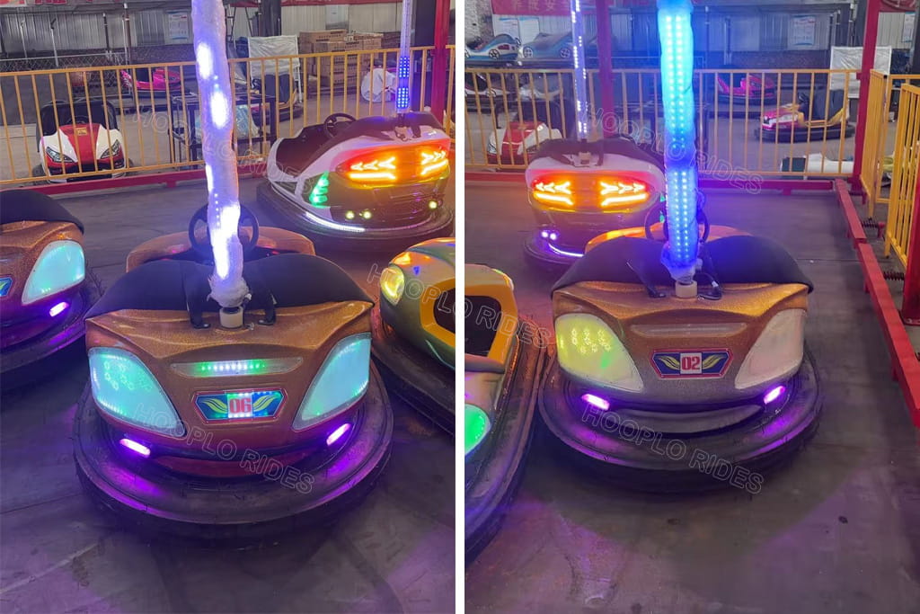 Sky-net bumper cars with bright LED lights, produced for the Tskaltubo playground project by Hooplo Rides, ready for shipment to Georgia