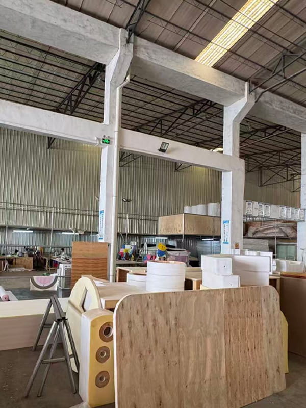Soft play padding production with high-density foam wrapped in durable PVC, creating safe and comfortable play elements for kids