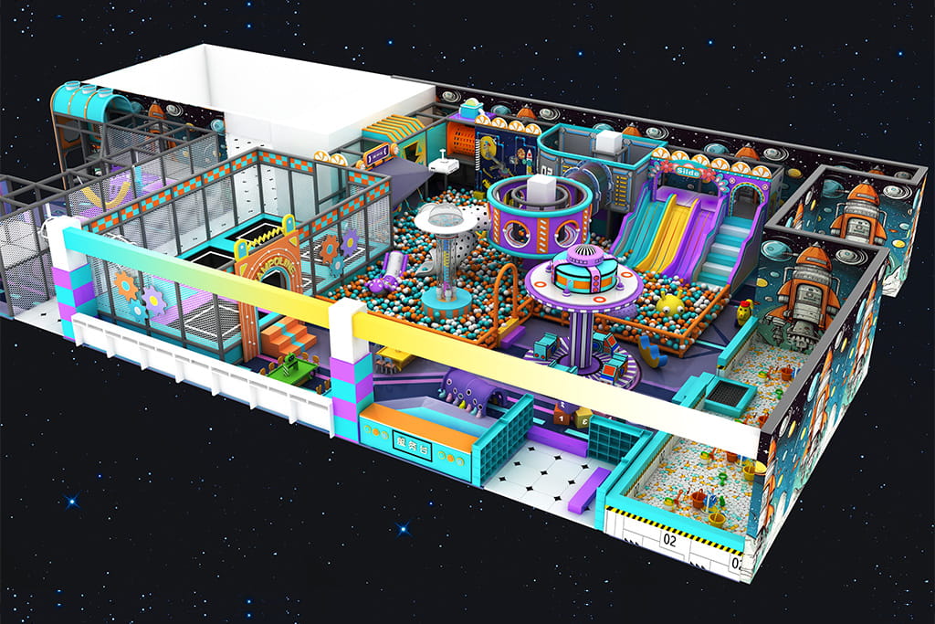 Space adventure theme indoor soft playground render, rocket and planet themed kids play area with ball pit and slides for commercial use
