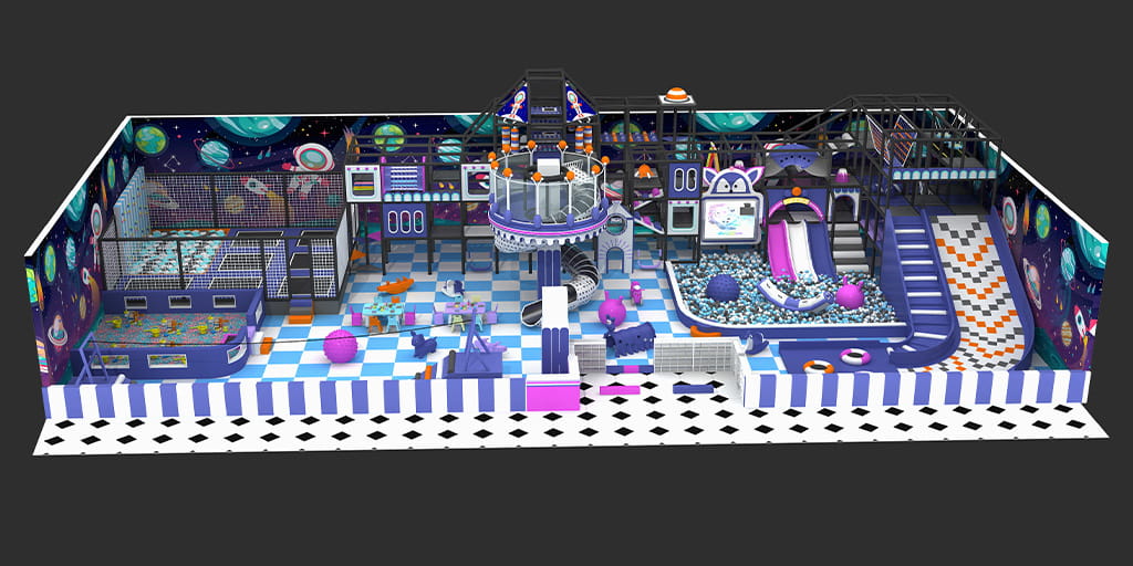 Space adventure themed indoor playground render, dark blue and purple kids play center with rocket slides, ball pit, and space-themed decor