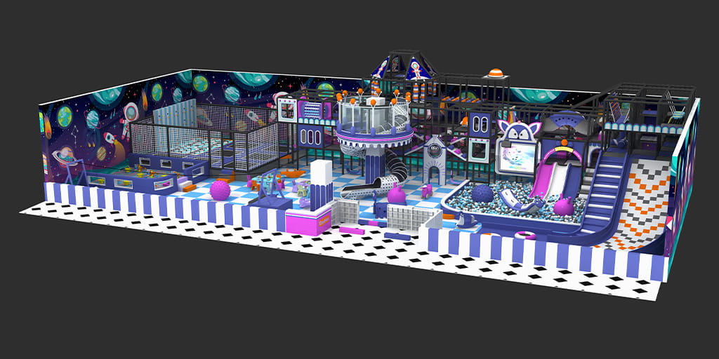 Space-themed soft play equipment design, commercial indoor playground with obstacle course, interactive screens, and planet wall murals