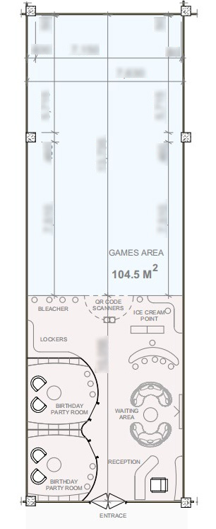 Client-provided site measurement drawing for 104.5m² kids games area in Tanzania, used for custom indoor trampoline park and soft play design