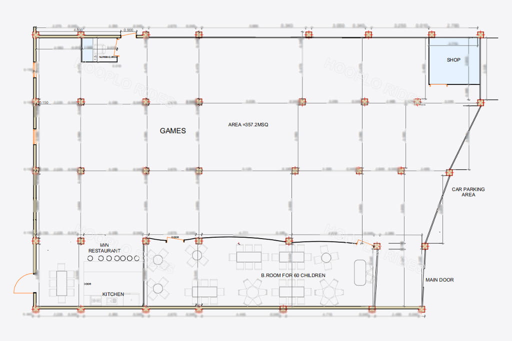 CAD site layout with detailed dimensions for a 350㎡ indoor playground project in Tanzania, used as the base drawing for the playground design.