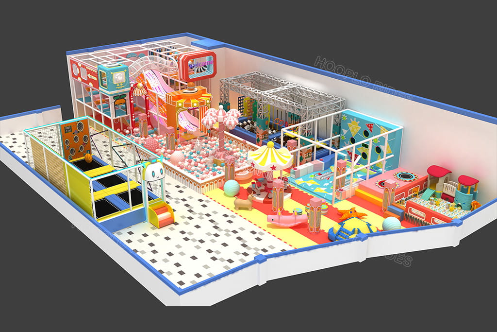 Custom 350 sqm indoor soft play for Tanzania, first design render of commercial kids playground with trampoline, ball pool, carousel and interactive games