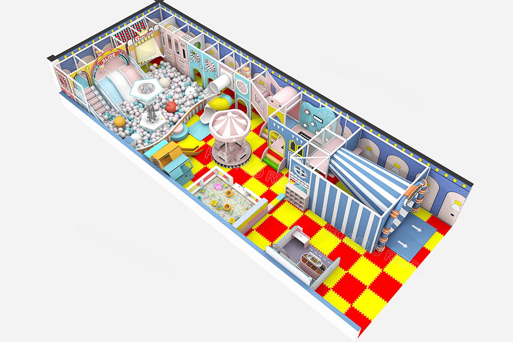 Complete design layout showing the upgraded play area of the first indoor playground project in Tanzania, including the volcano slide tower and kids role-play supermarket.