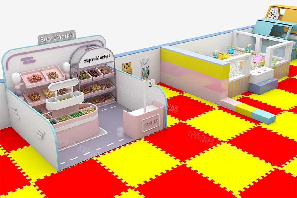 Kids role-play supermarket area included in the upgraded section of the indoor playground design for the Tanzania project.