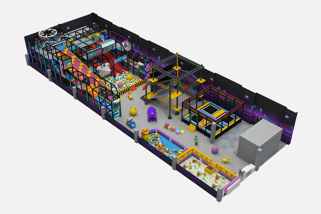 Hooplo Rides Cyberpunk Style Small Indoor Kids Soft Playground with Trampoline, Ball Pit, Slides Obstacle Course for Shopping Mall