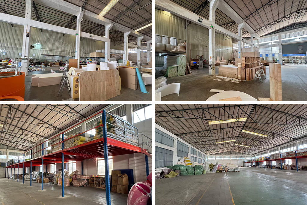 Hooplo indoor soft play naughty castle manufacturing factory composite photo, spacious production workshop, raw material storage warehouse, large factory space for kids playground equipment production