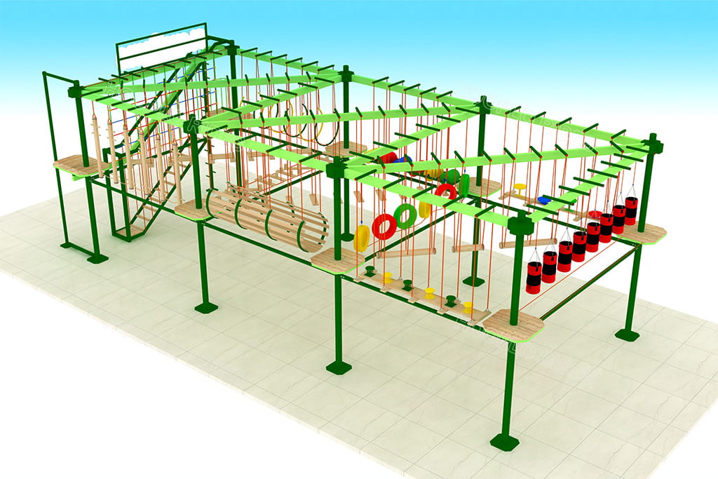 Initial 3D design of a custom outdoor rope course for an Indonesia customer before adding the Interactive Ball Play Wall.