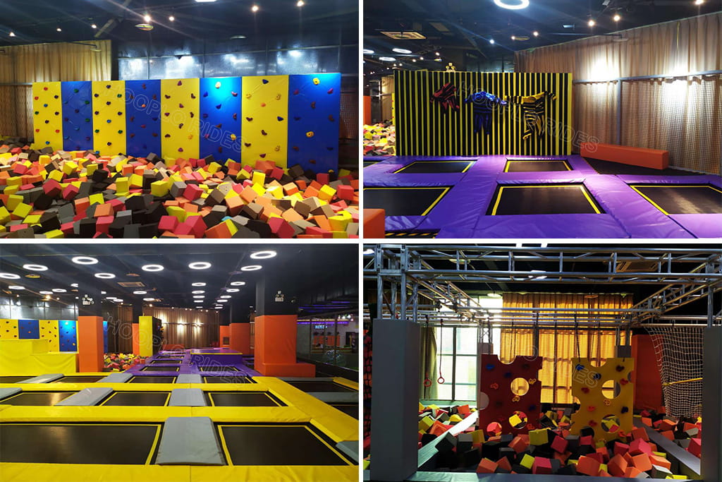 Premium indoor playground with trampolines, climbing walls, foam pits, and ninja-style obstacle elements, illustrating the higher investment required for modern indoor playground projects.