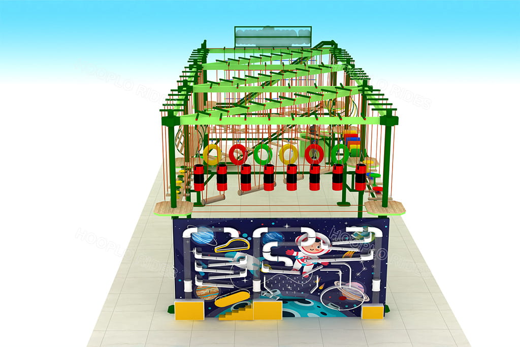 Front view of the Interactive Ball Play Wall integrated into the custom outdoor rope course design for an Indonesia family entertainment project.