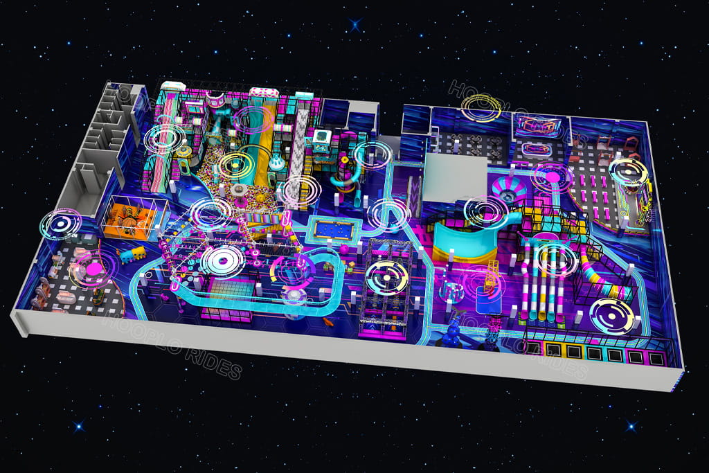 3D Render Large Cyber Space Themed Indoor Play Park Hooplo Rides, Multi Slides, Maze, Interactive Soft Play Equipment for Commercial Amusement Center