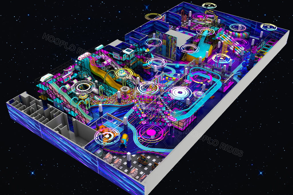 Futuristic neon space theme indoor adventure playground 3D design, dark starry background, glowing circular obstacle equipment, colorful slide, ball pool, multi-story climbing frame large kids entertainment park