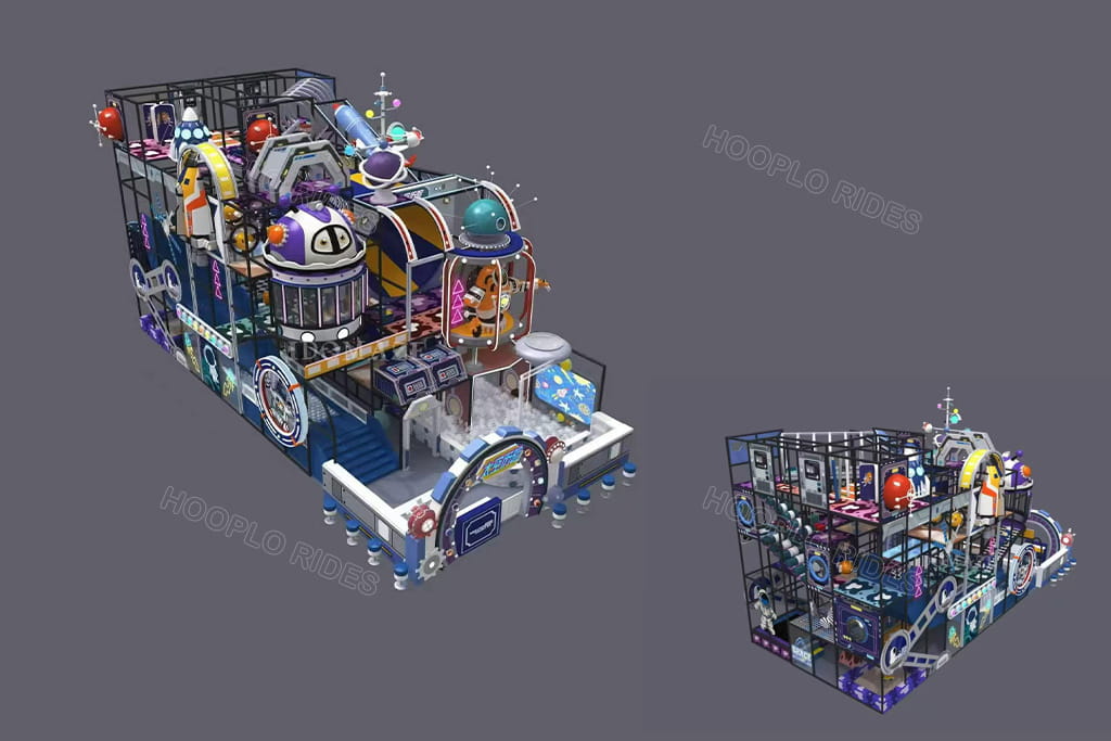 Hooplo space astronaut theme indoor soft play playground two-angle 3D rendering, multi-level commercial kids adventure naughty castle with slide ball pit, mall indoor amusement park equipment